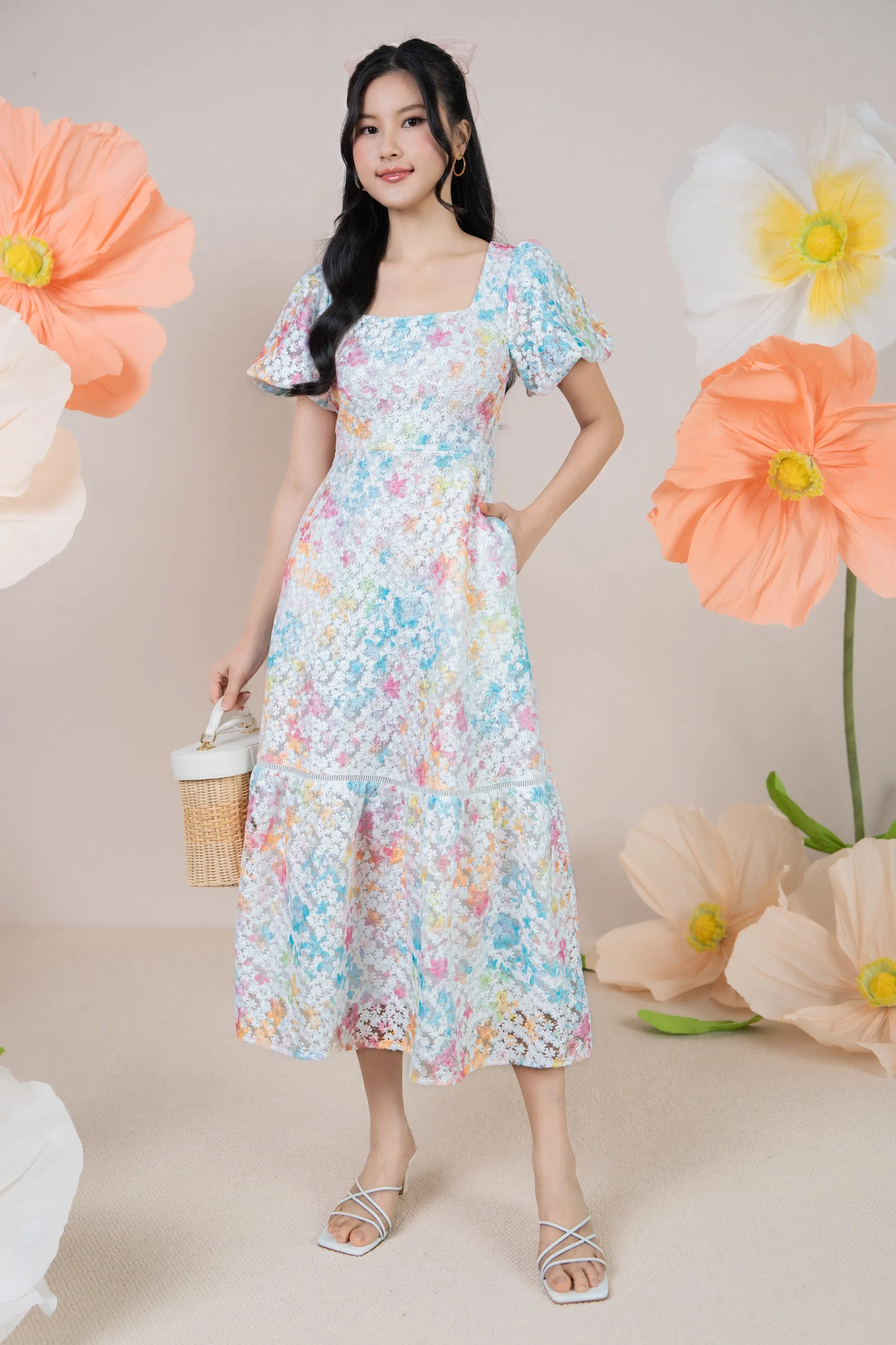 Rainbow Petals Embroidery Pouf Sleeves Dress